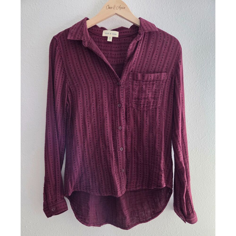 Cloth & Stone Women's XS Burgundy Plum Button Up Shirt High Low Hem Textured
